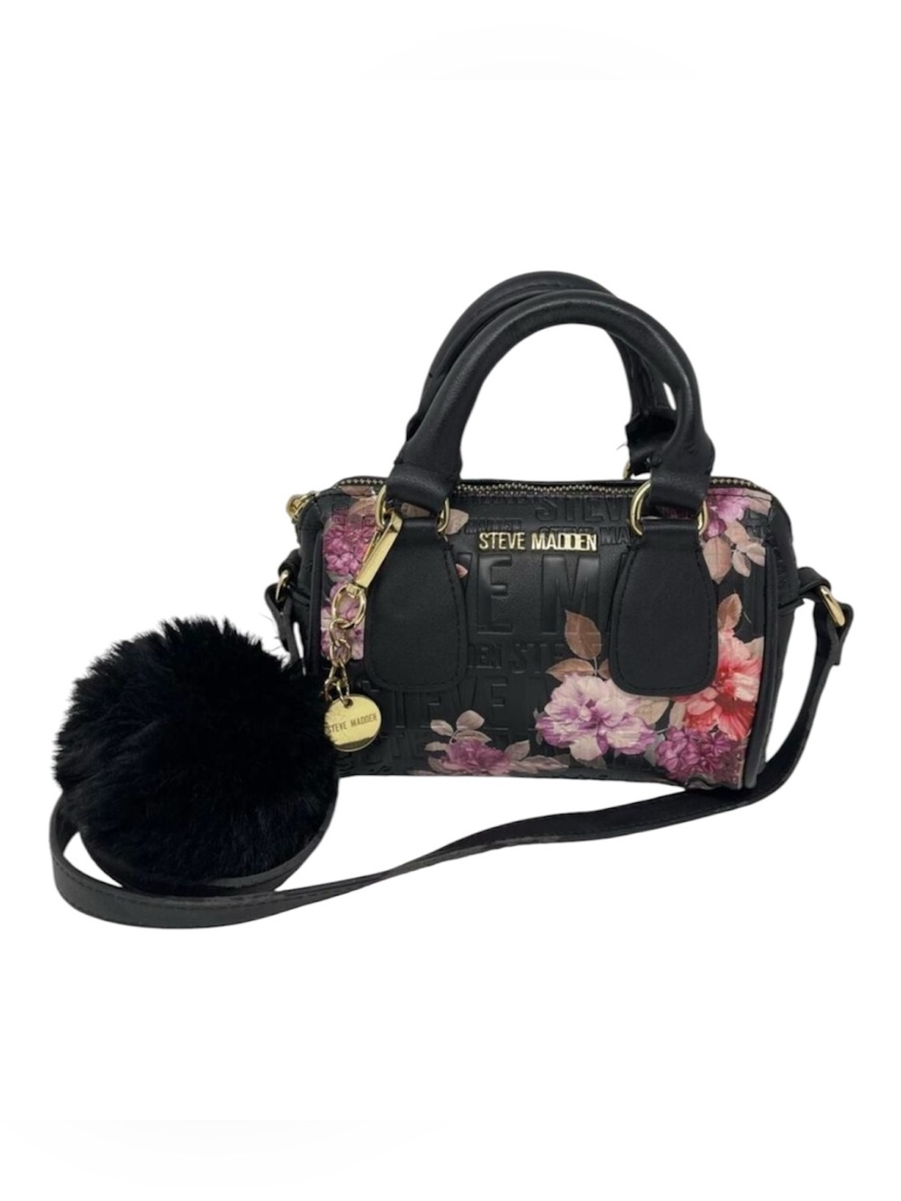 Steve Madden Y2K Black Mini Handbag Pink Floral Crossbody Strap Fur Pom Pom